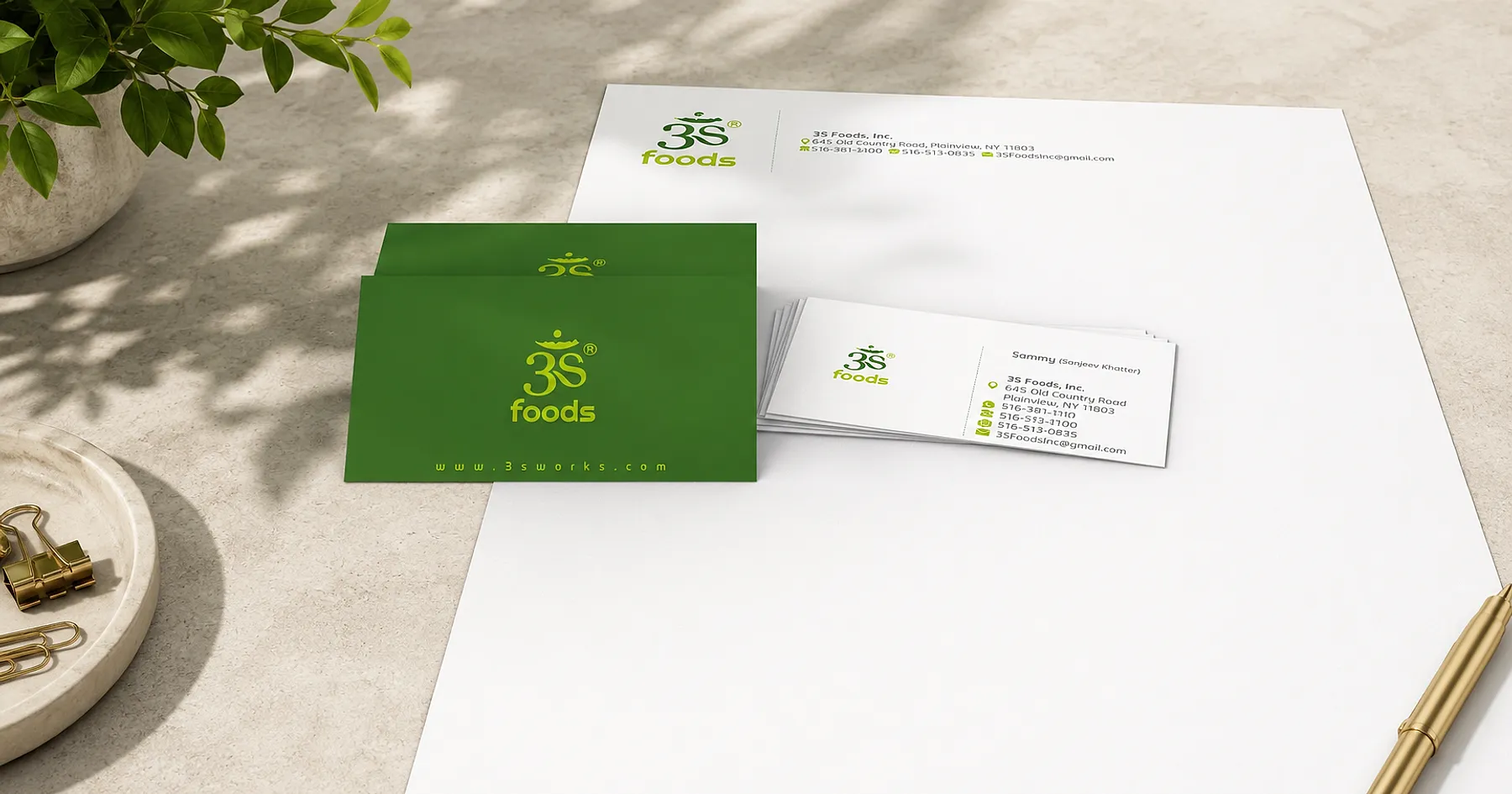 3S Foods identity and stationery design — food, USA