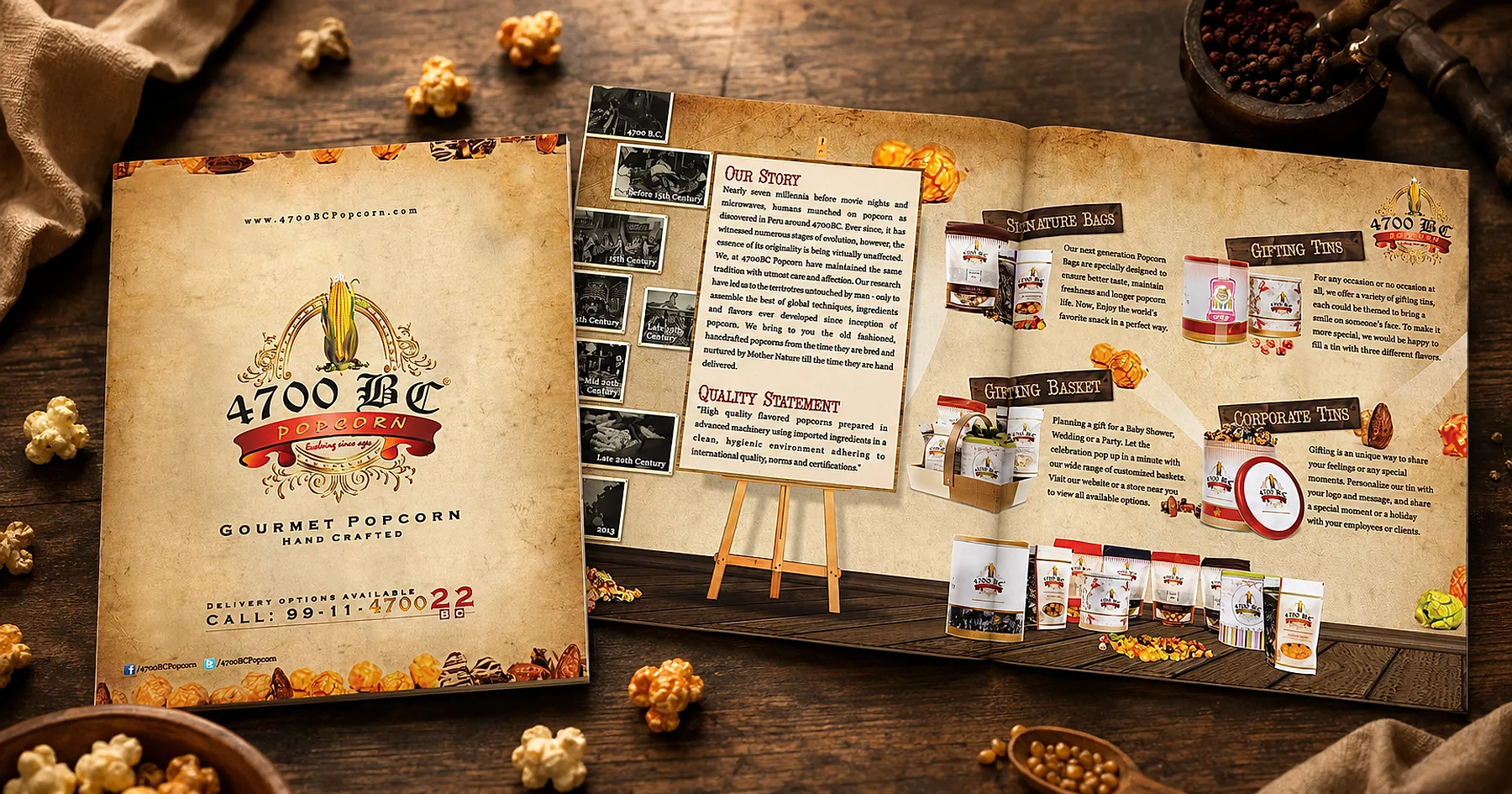 4700BC Popcorn gourmet popcorn brochure spread — food, India