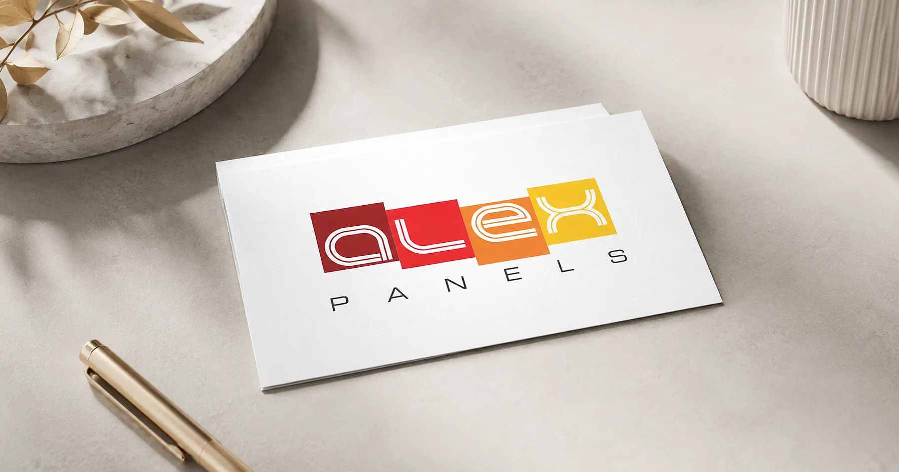 Alex Panels identity and business card design — building materials, India