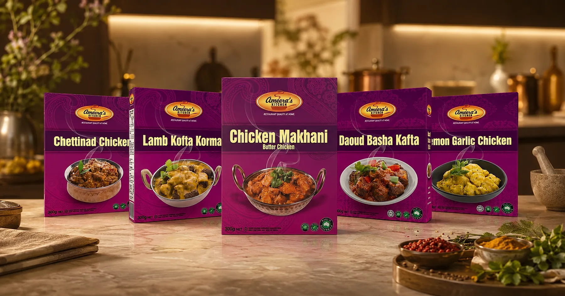 Ameera's Kitchen ready meal carton packaging — food, Australia