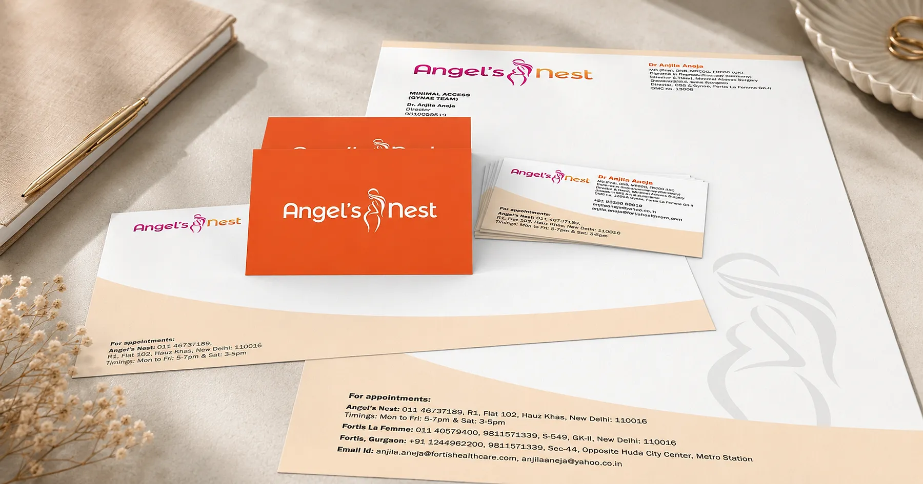 Angel's Nest identity and stationery design — healthcare & wellness, India