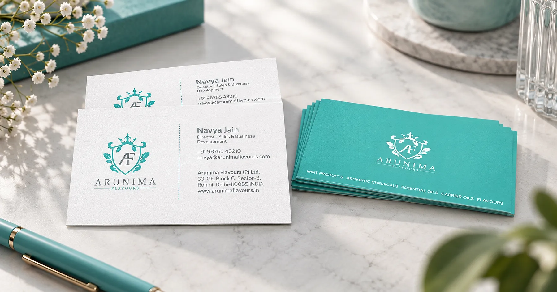 Arunima Flavours identity and business card design — manufacturing, India