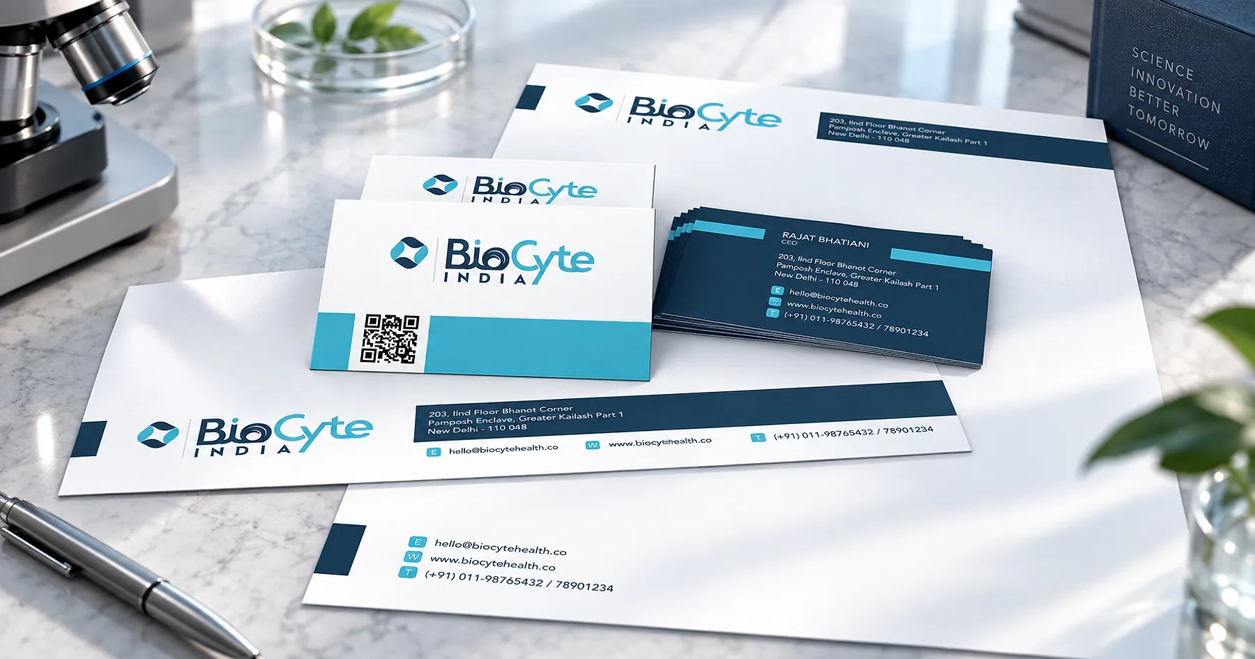 BioCyte India identity and stationery design — healthcare & wellness, India