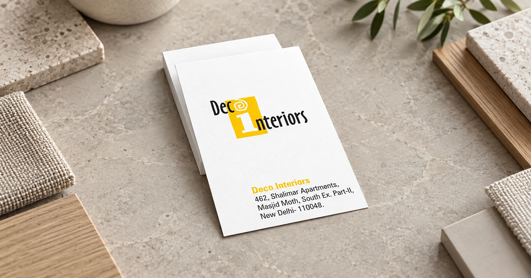 Deco Interiors identity and business card design — interiors & surfaces, India