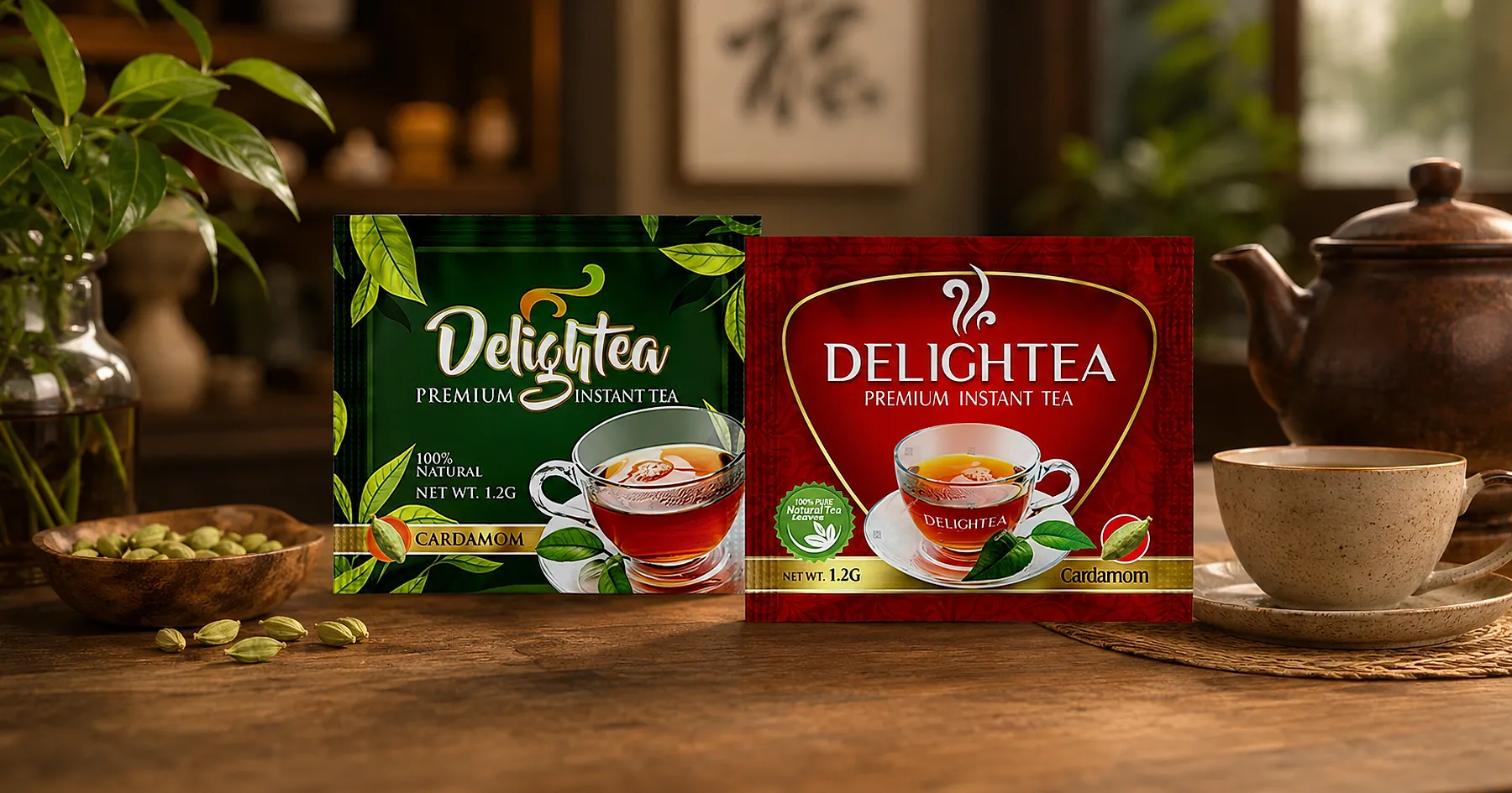 Delightea instant tea sachet packaging — beverages, India