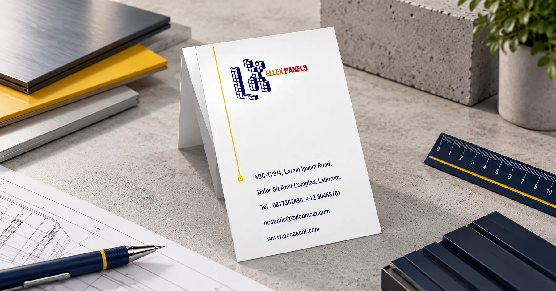 Ellex Panels identity and business card design — building materials, India