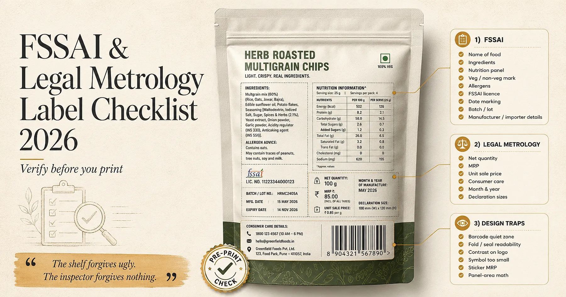 FSSAI and Legal Metrology label declaration zones on a food pack