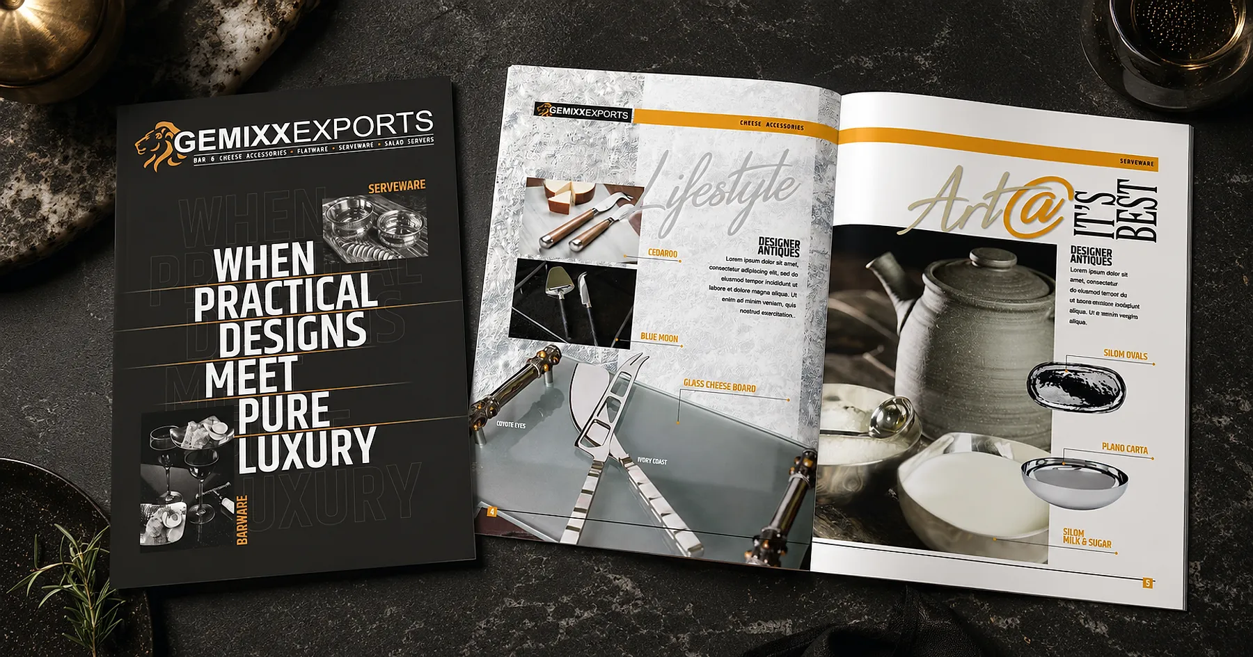 Gemix Exports barware serveware export catalogue — homeware & kitchenware, India