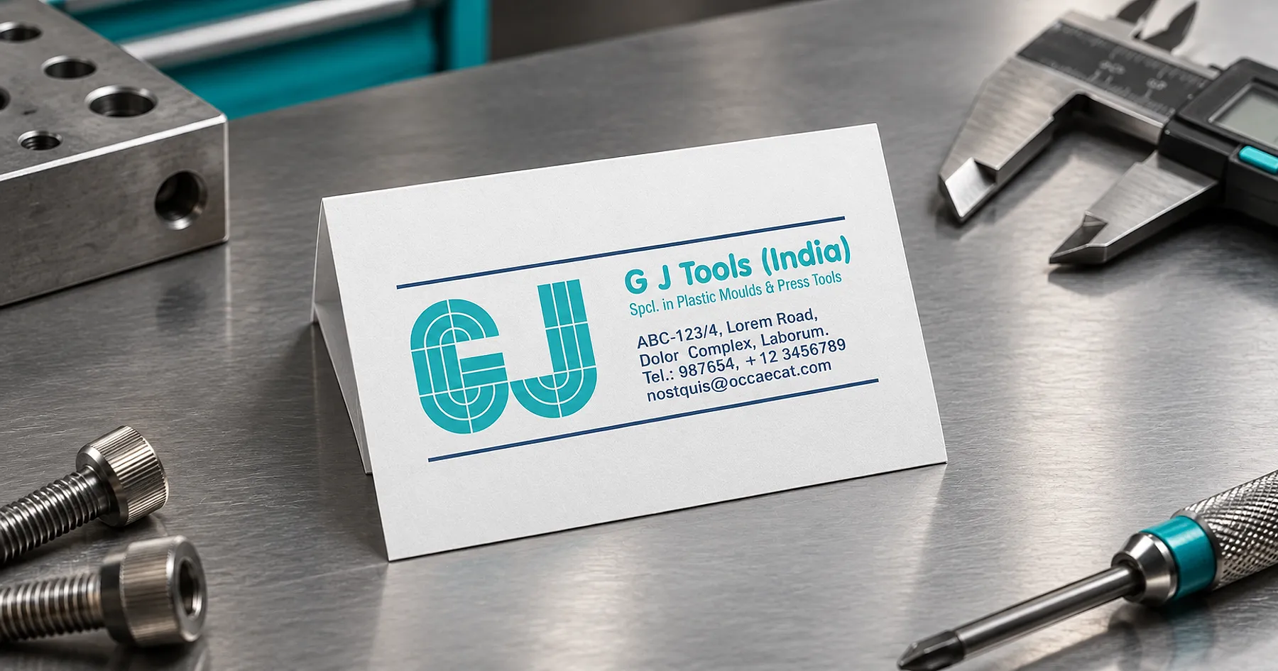 GJ Tools identity and business card design — industrial equipment, India