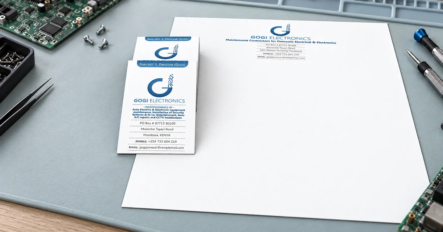 Gogi Electronics identity and business card design — electrical & lighting, Kenya
