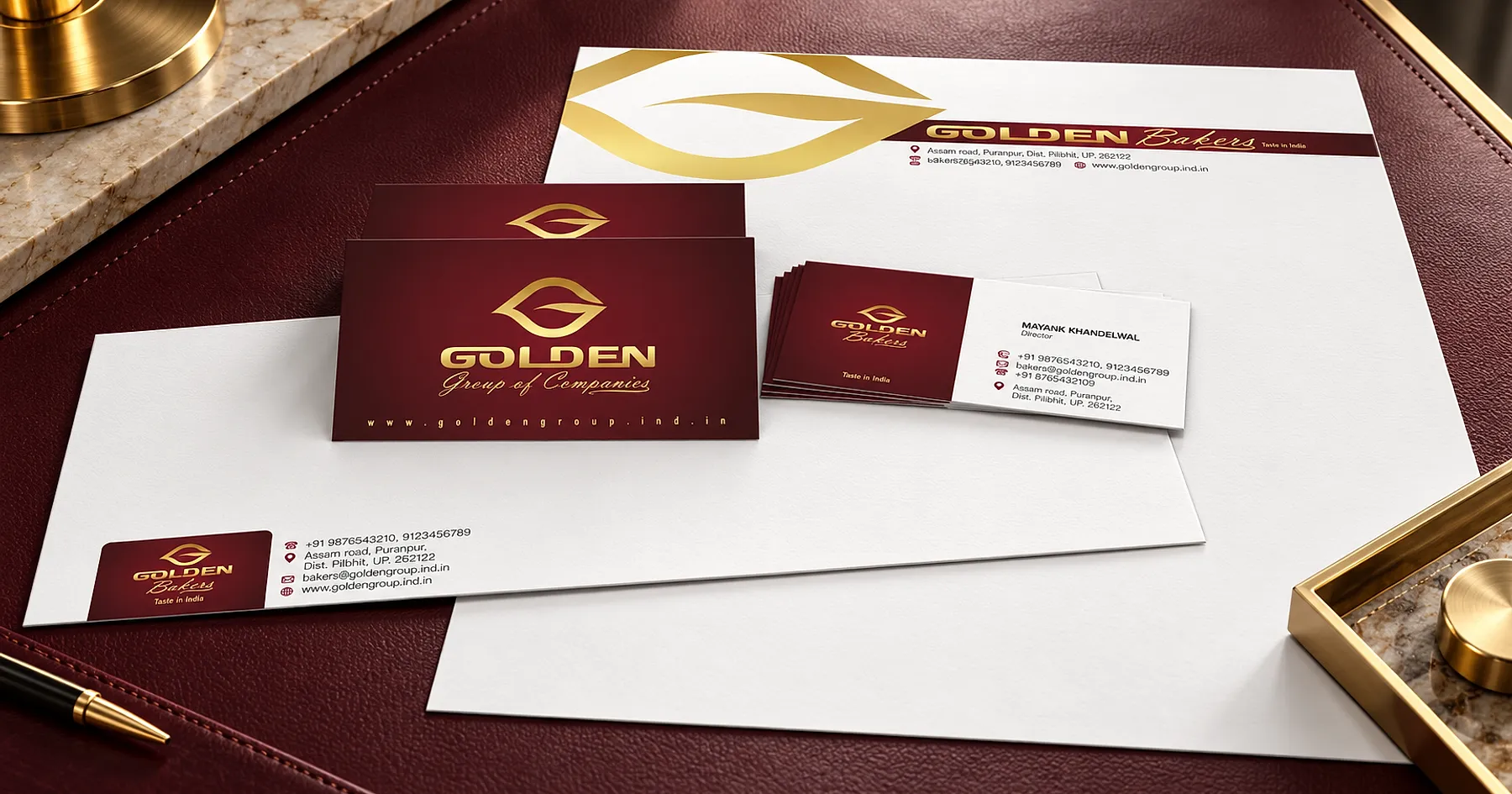 Golden Bakers identity and business card design — food, India