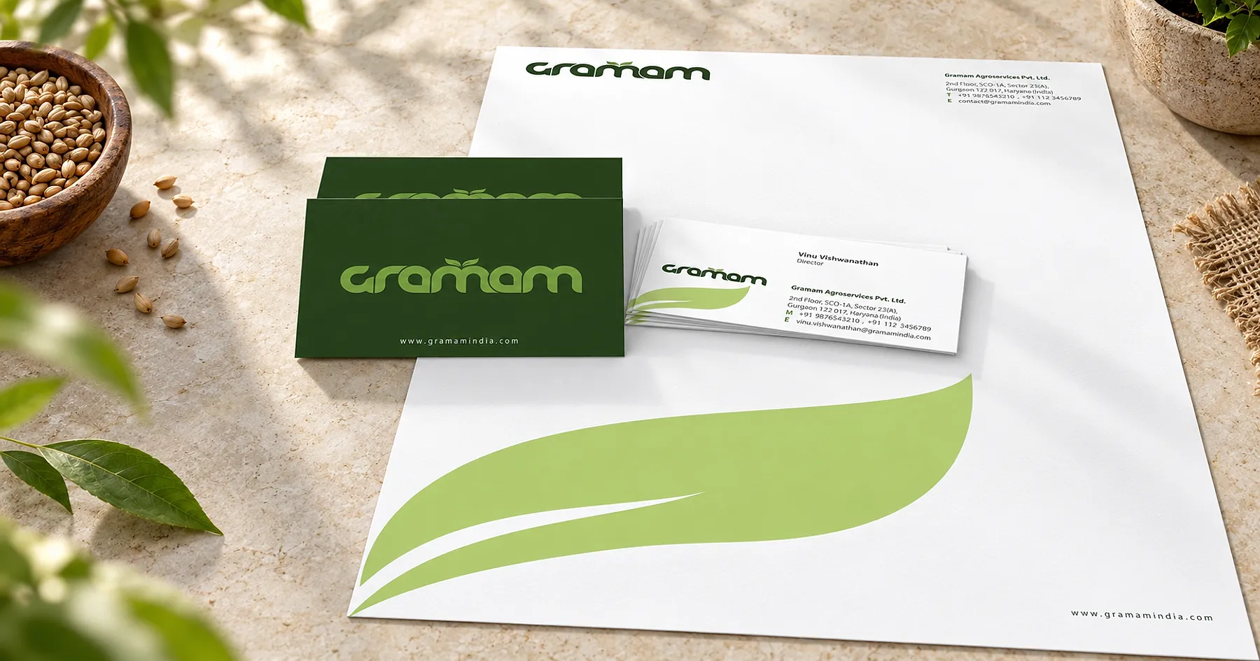 Gramam Agroservices identity and business card design — food, India