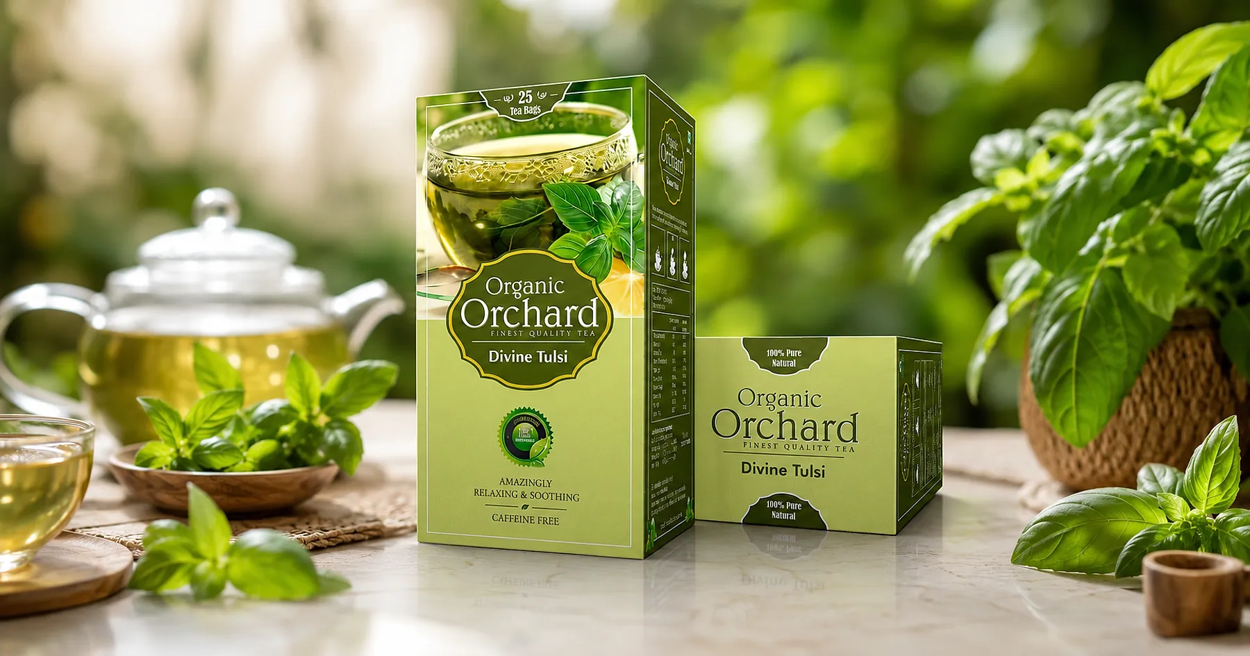 Green Orchard divine tulsi tea carton packaging — beverages, India