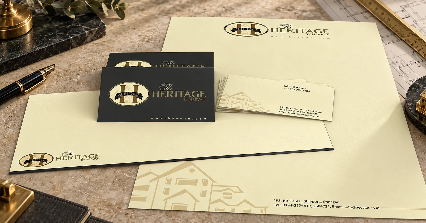 The Heritage by Heevan identity and business card design — hospitality & food service, India