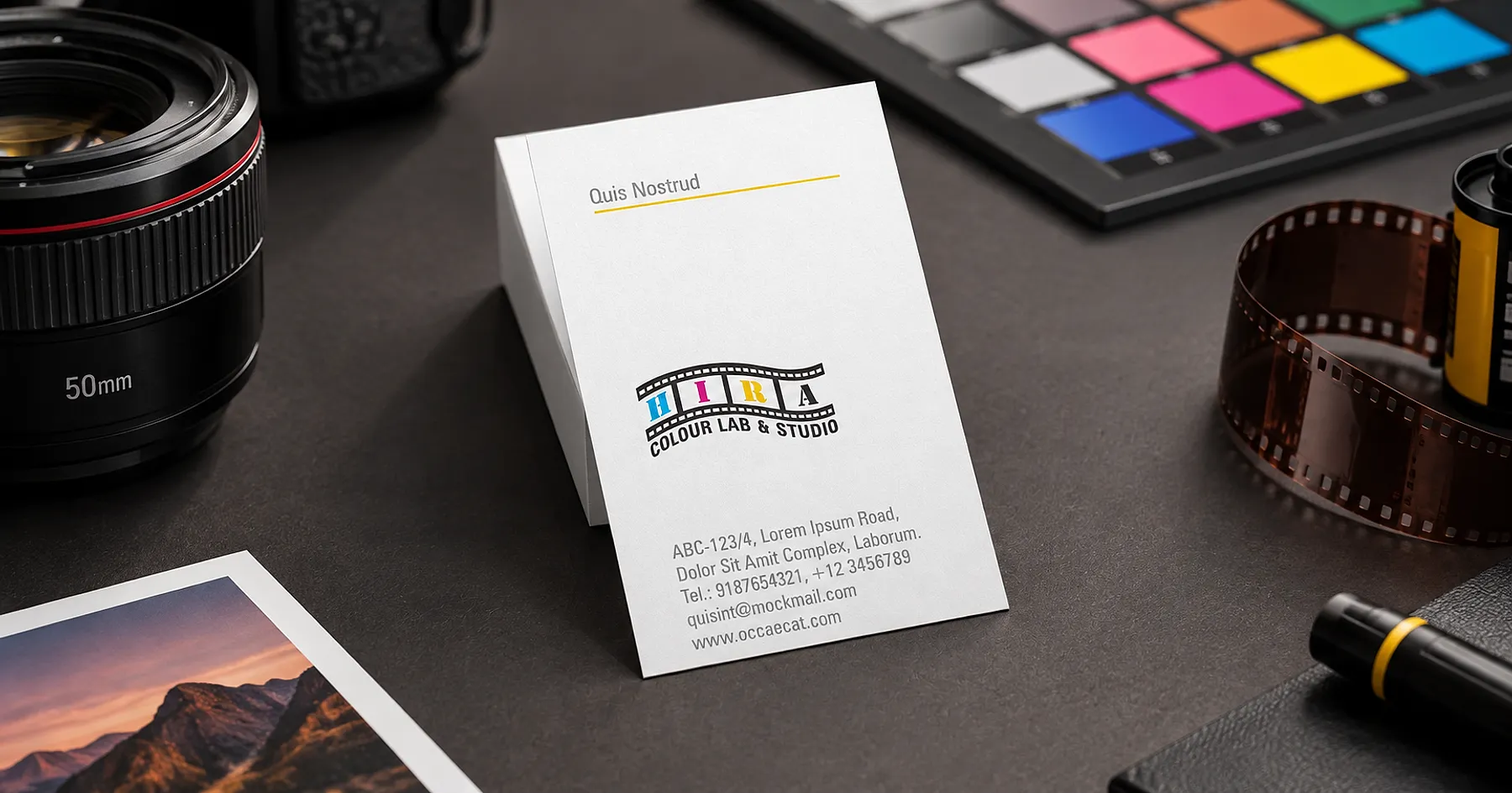 Hira Colour Lab identity and business card design — professional services, India
