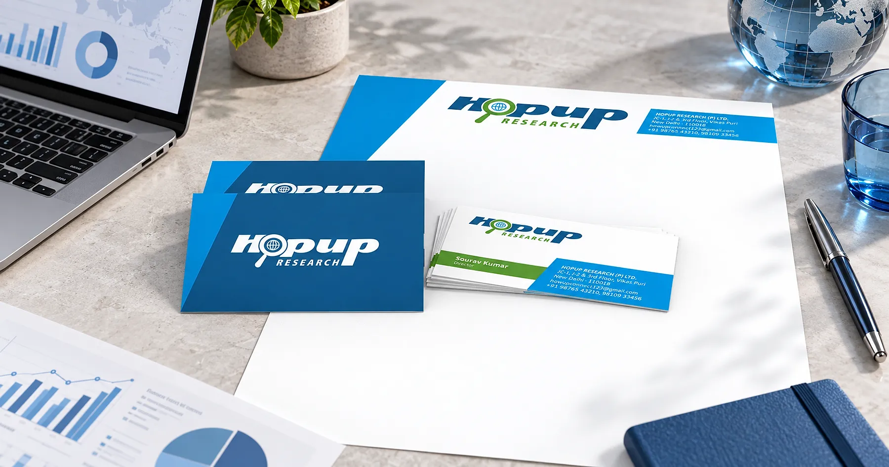 Hopup Research identity and business card design — professional services, India