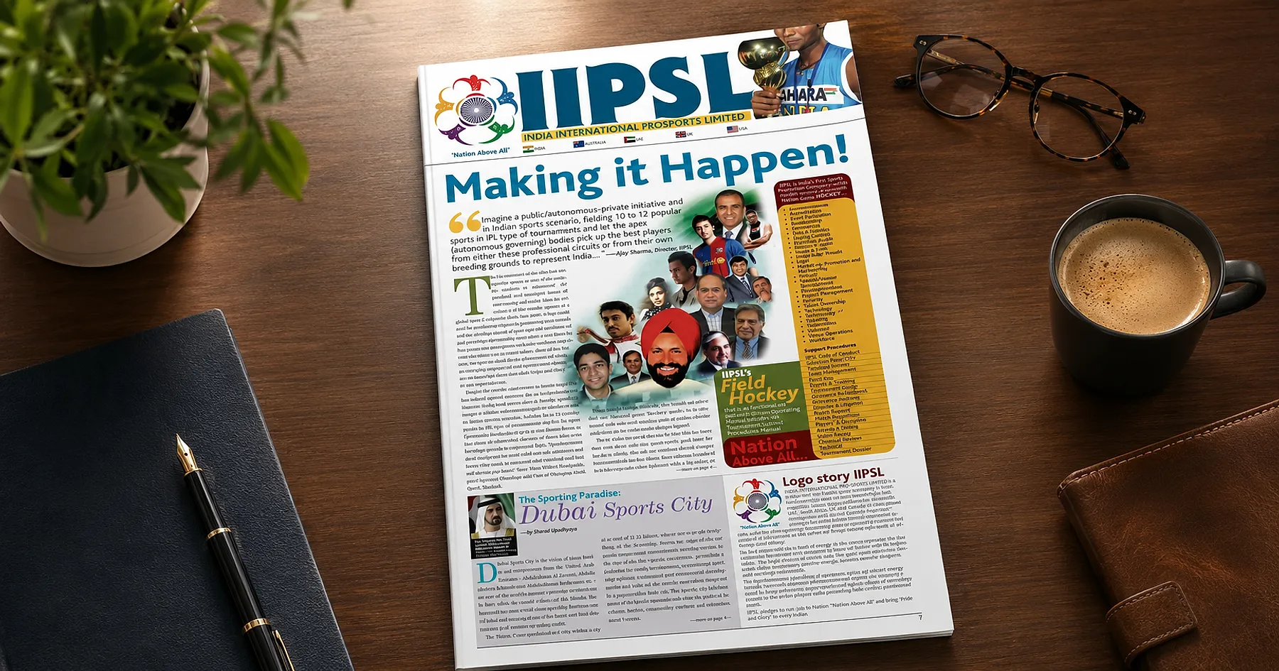 IIPSL sports magazine editorial spread — publishing, India