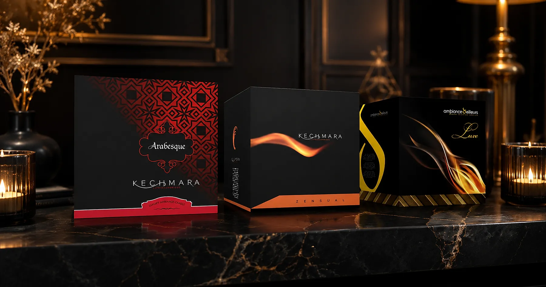 Kechmara luxury candle range packaging — home care, India