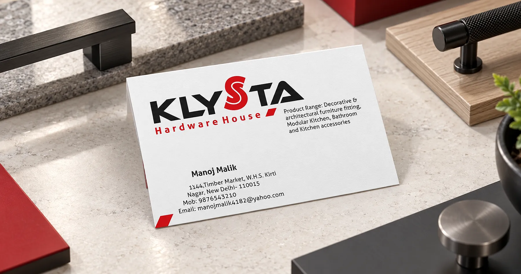 Klysta Hardware House identity and business card design — building materials, India