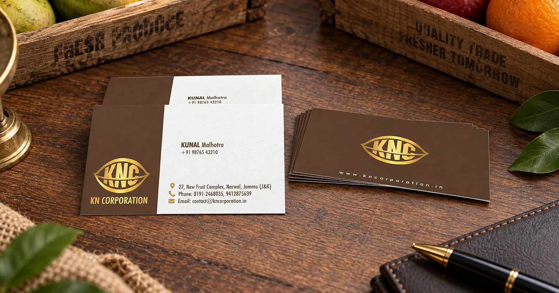 KN Corporation identity and business card design — food, India