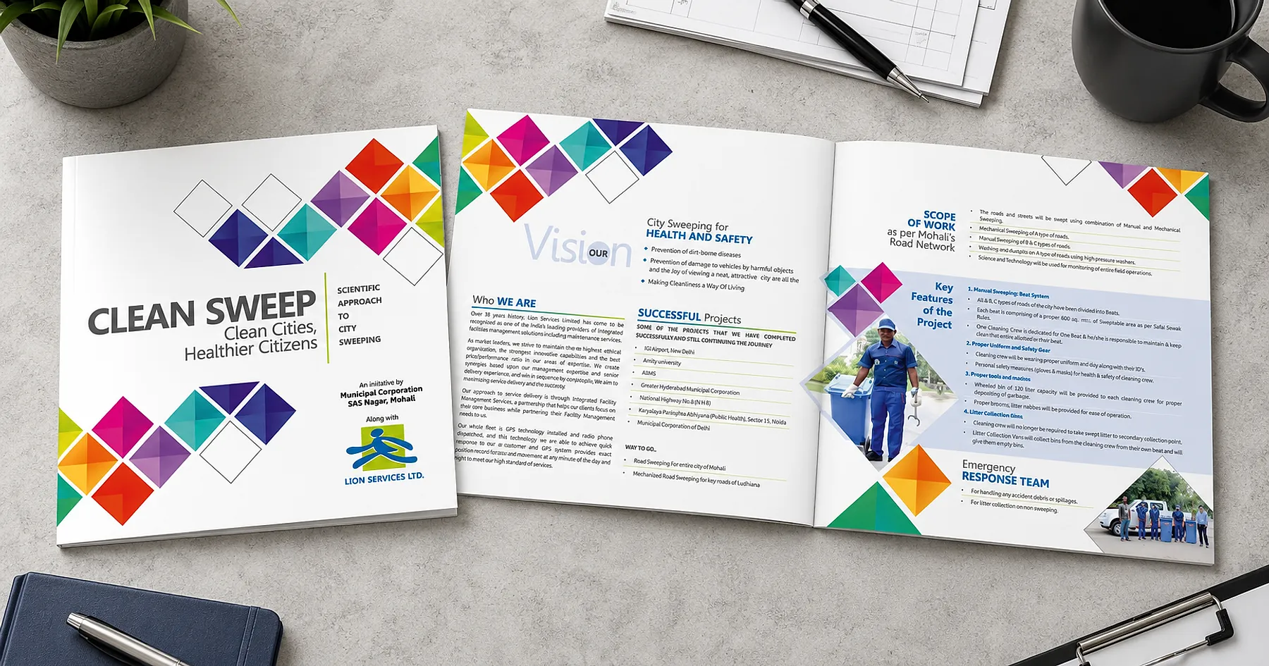 Lion Services city sweeping brochure — non-profit & institutional, India