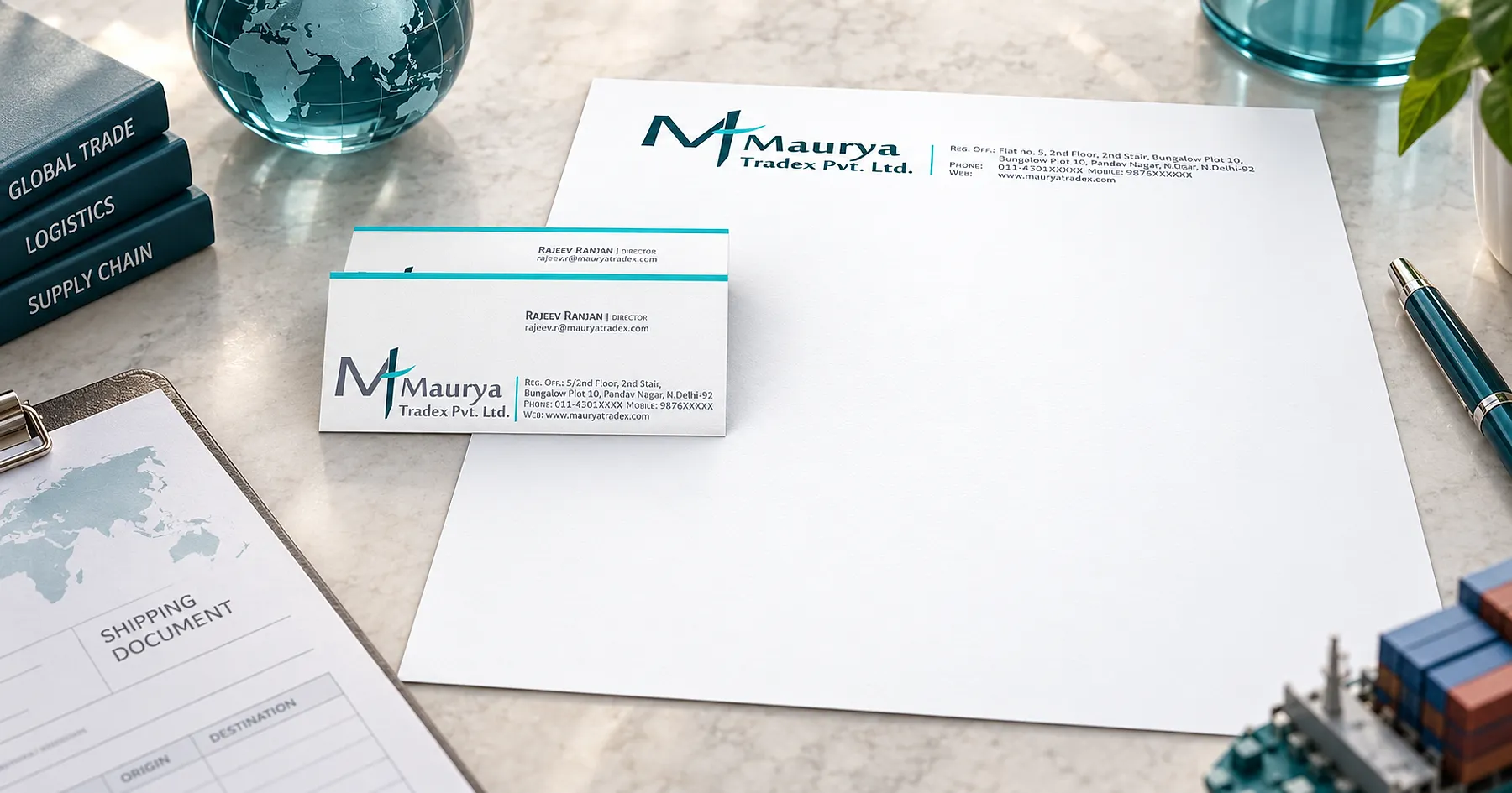 Maurya Tradex identity and stationery design — manufacturing, India