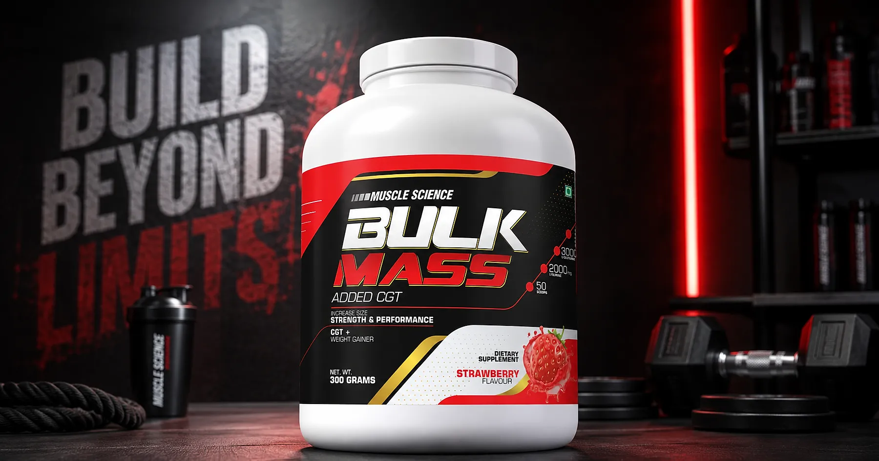 Muscle Science bulk mass gainer tub packaging — sports & nutrition, India