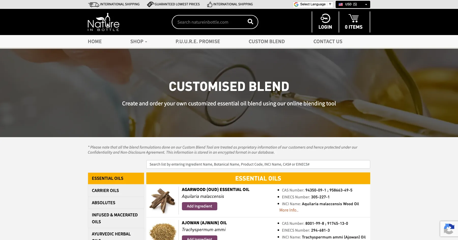 Nature In Bottle custom essential oil blend builder web design — personal care, USA