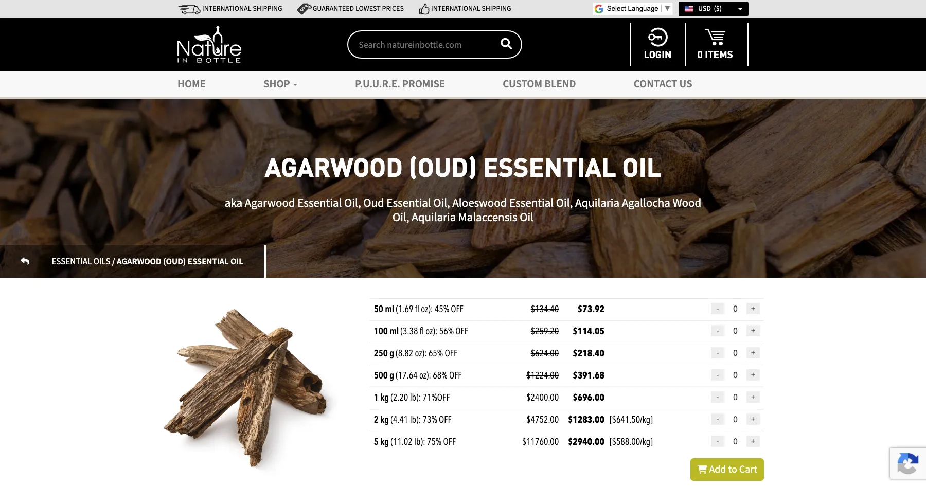 Nature In Bottle essential oil product page web design with CAS and INCI data — personal care, USA