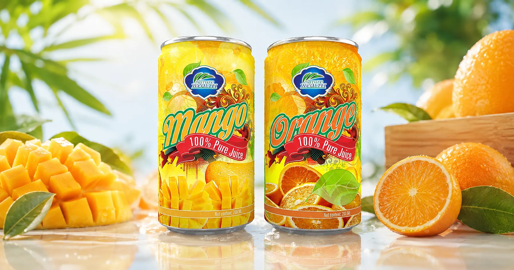 Nature Wealth fruit juice can label packaging — beverages, India