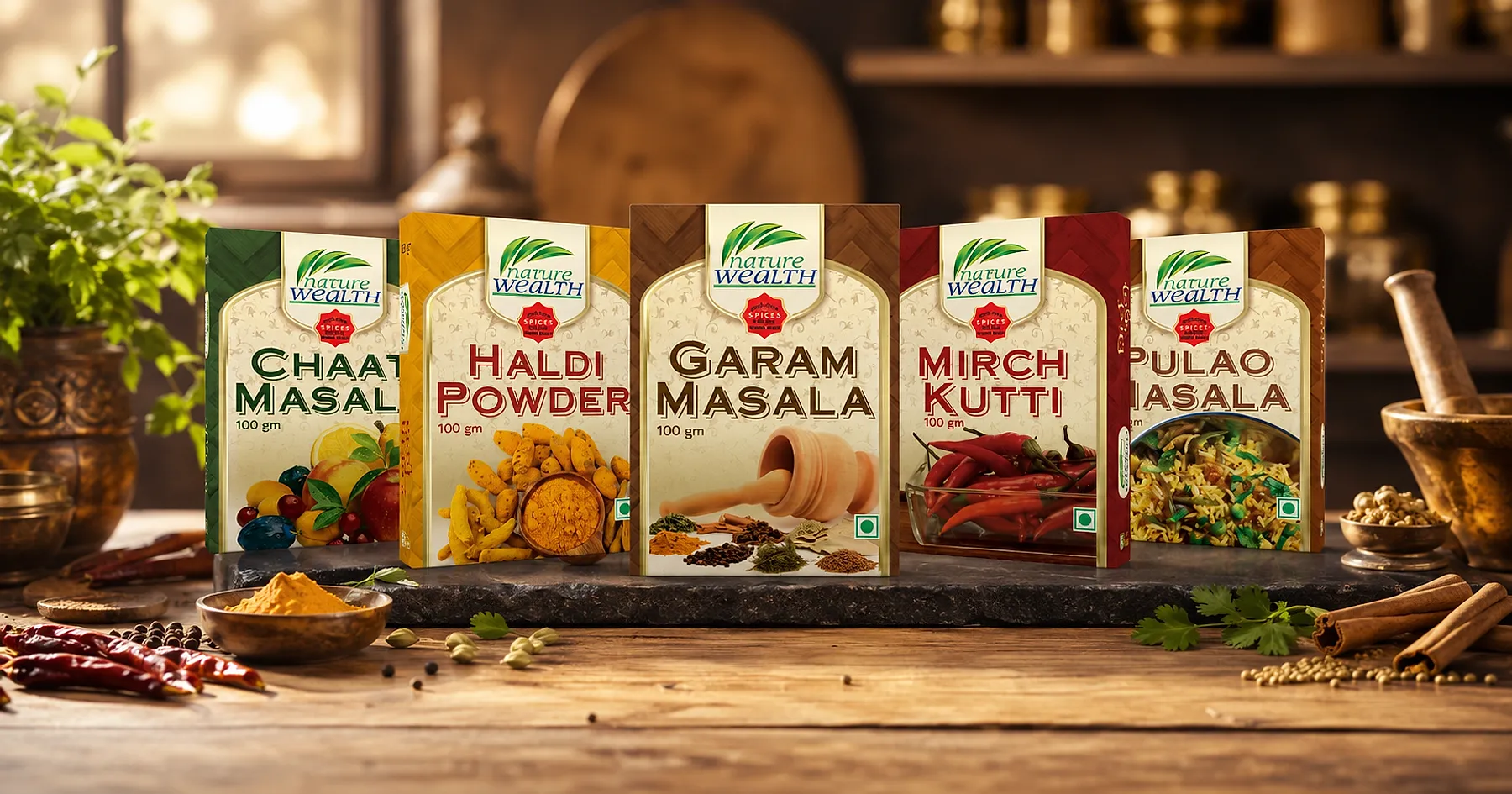 Nature Wealth spice carton range packaging — beverages, India