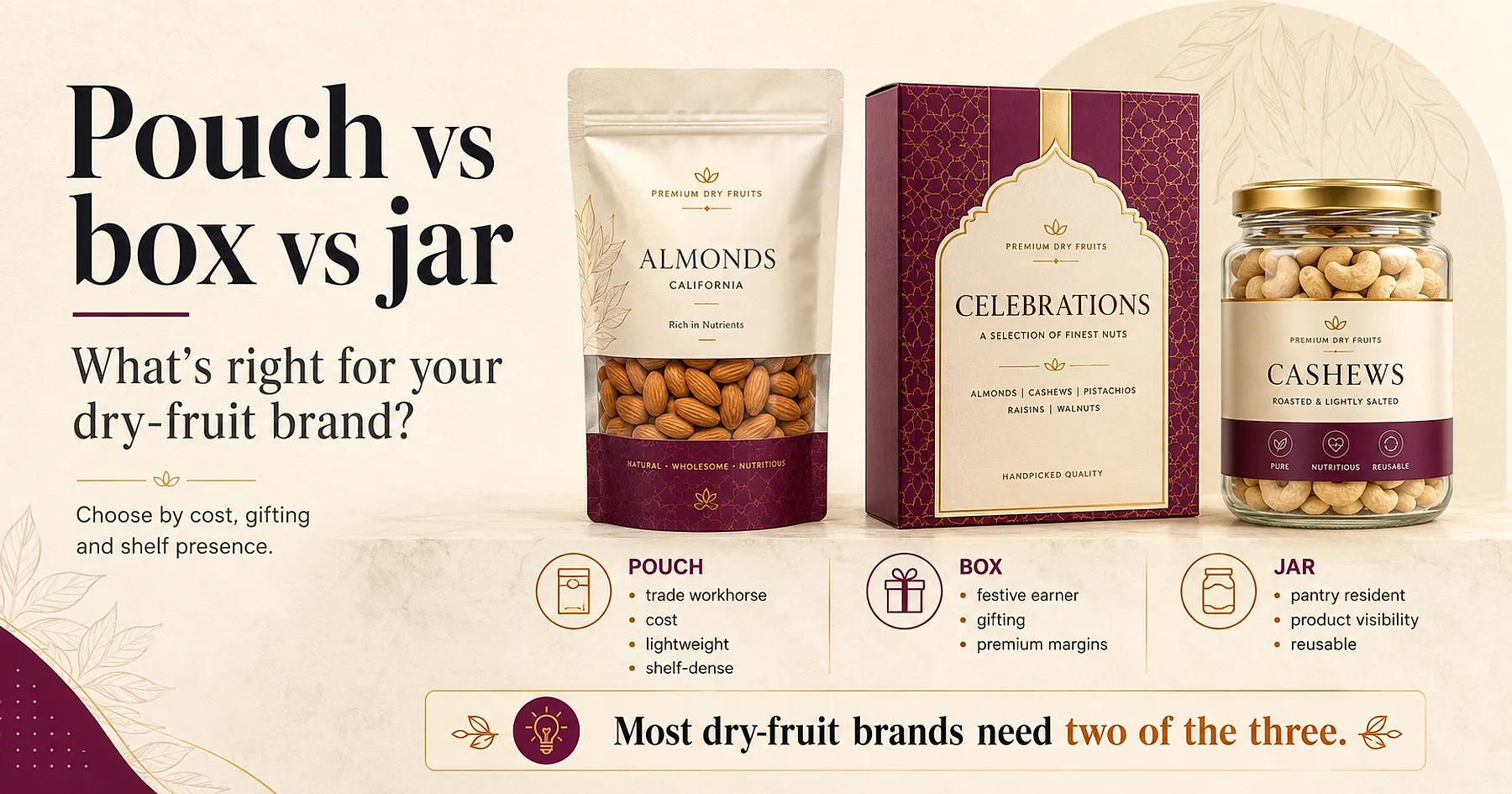 Dry-fruit packaging formats — pouch, box and jar side by side