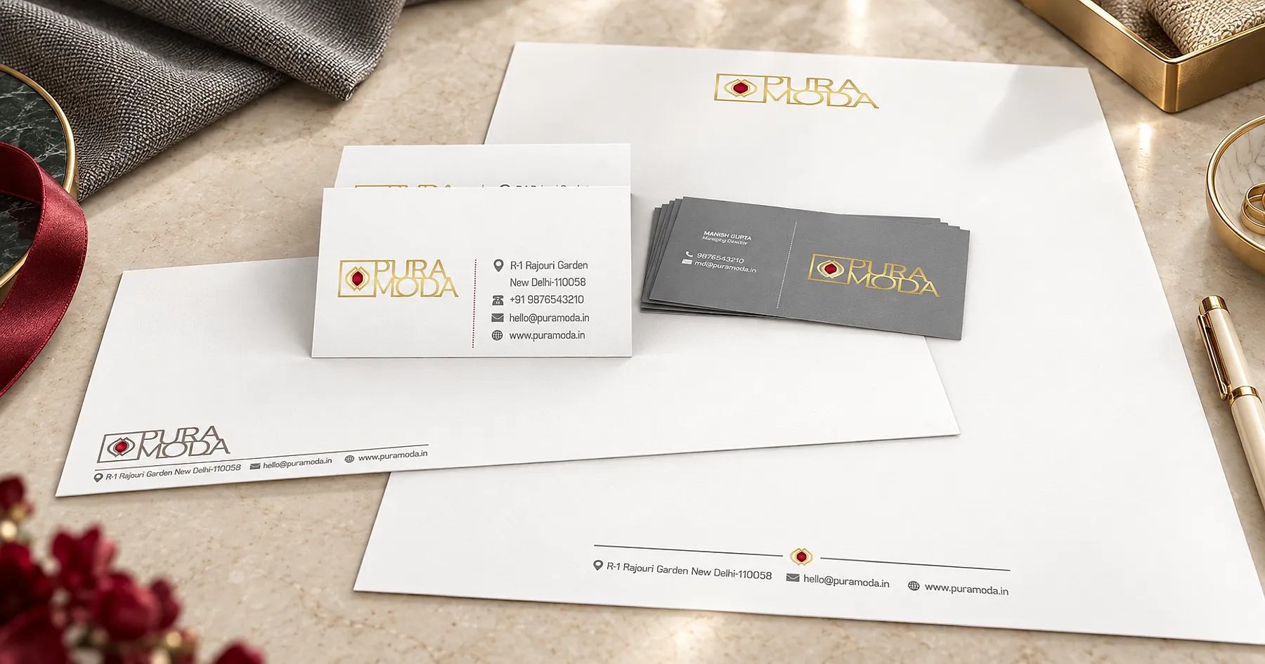Pura Moda identity and business card design — fashion & apparel, India