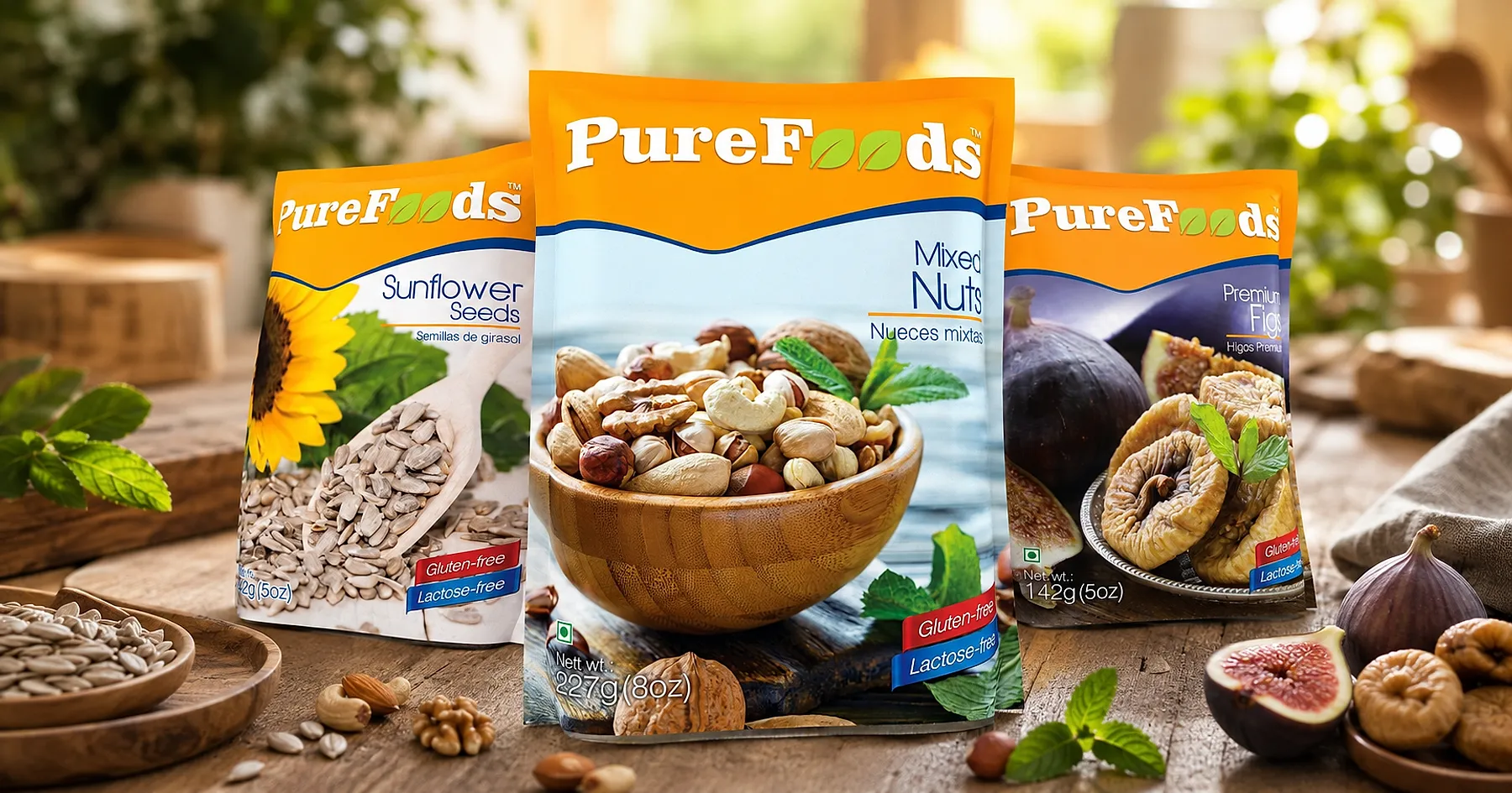 Pure Foods nuts seeds pouch packaging — food, India