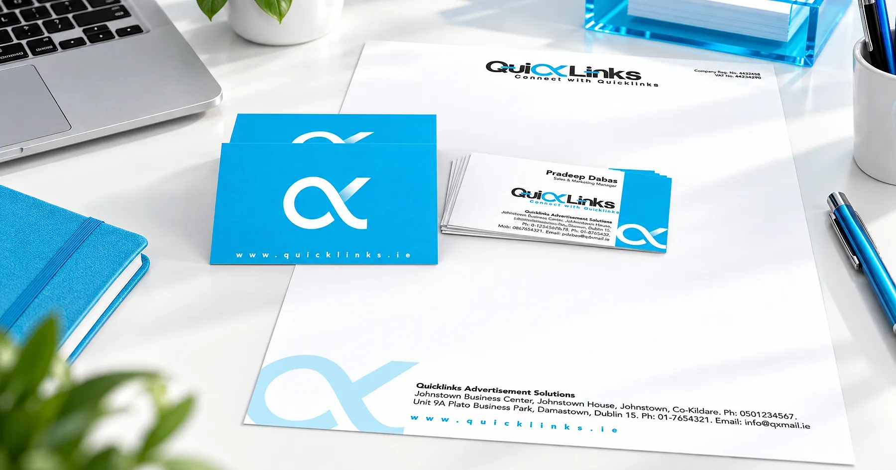 QuickLinks identity and business card design — professional services, Ireland