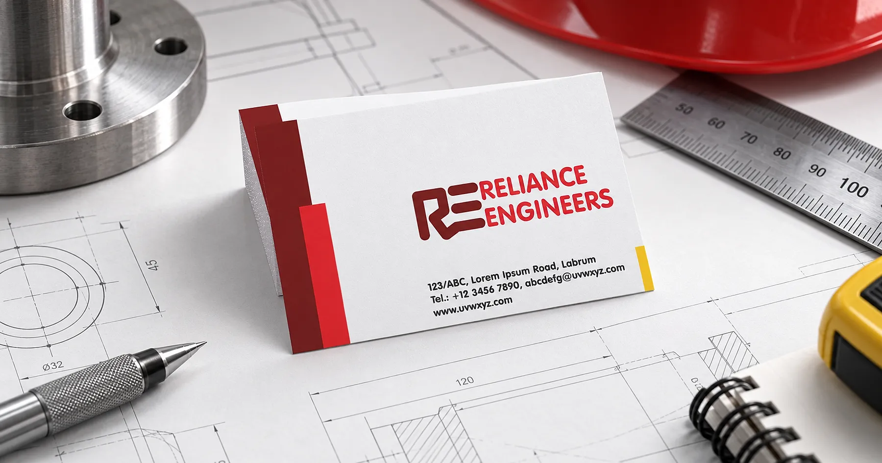 Reliance Engineers identity and business card design — industrial equipment, India