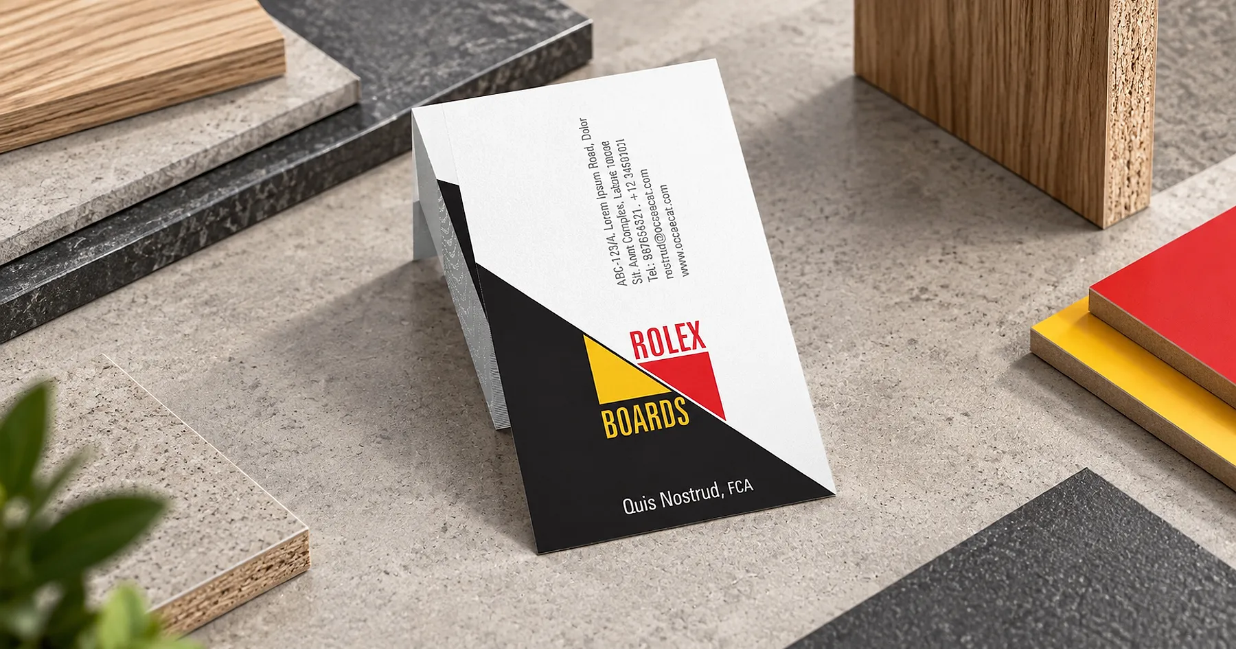 Rolex Boards identity and business card design — building materials, India