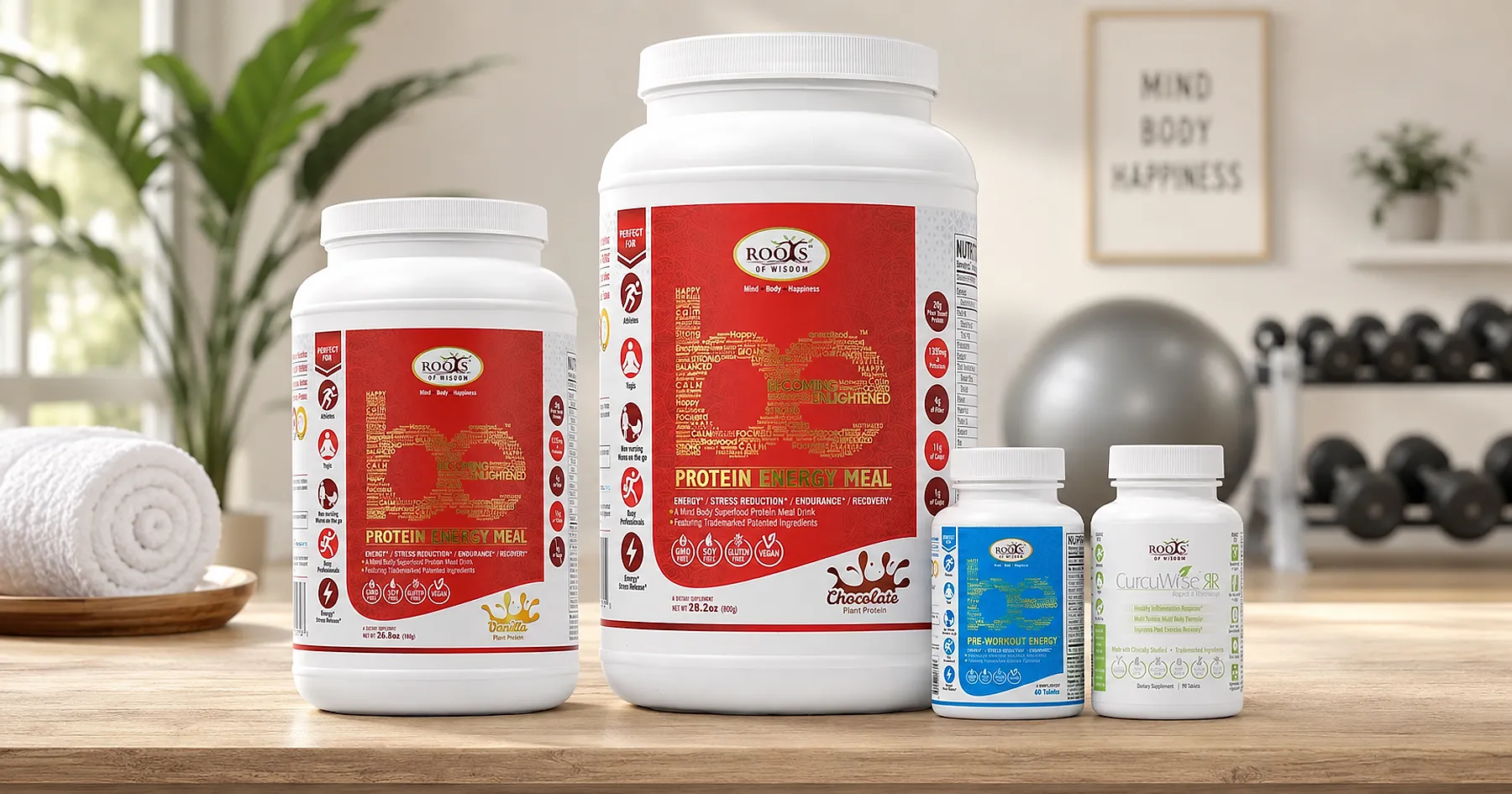 Roots of Wisdom protein supplement packaging — sports & nutrition, India