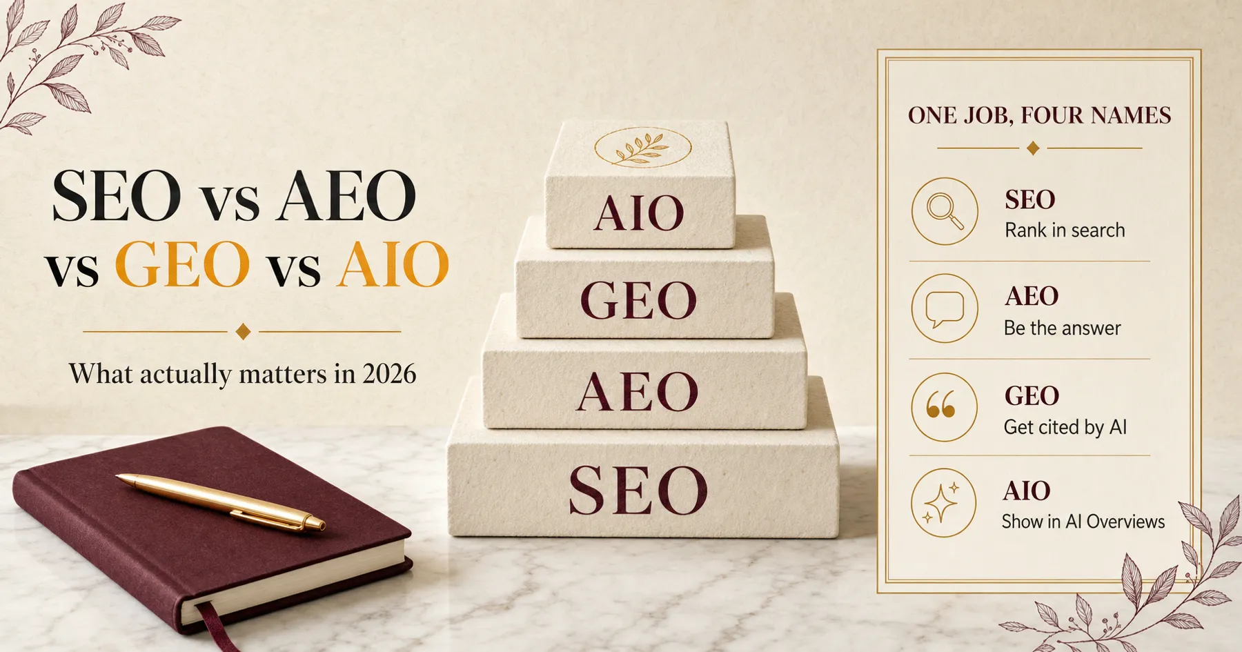SEO vs AEO vs GEO vs AIO — four layers of search visibility explained