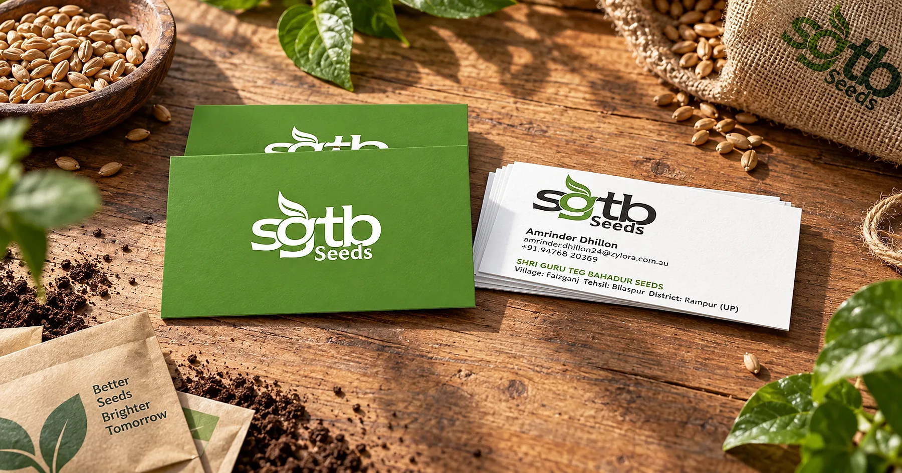 SGTB Seeds identity and business card design — food, India