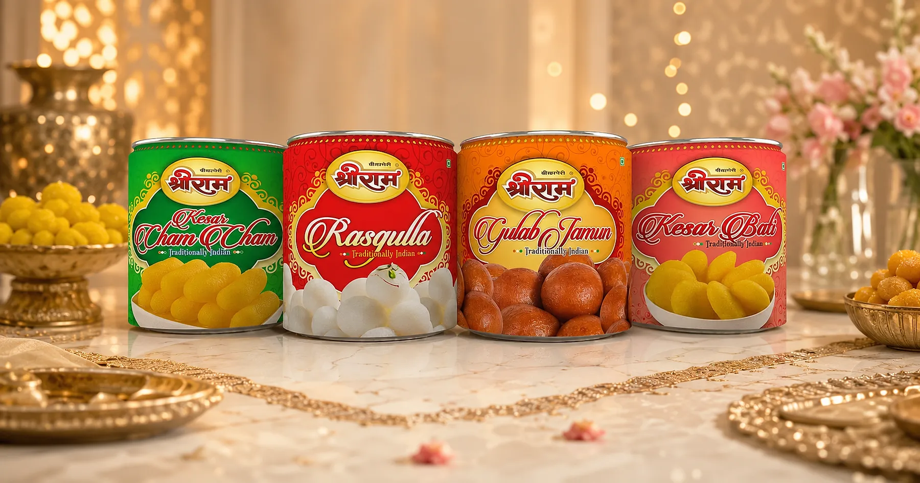 Shreeram Spices canned sweets label packaging — spices, India