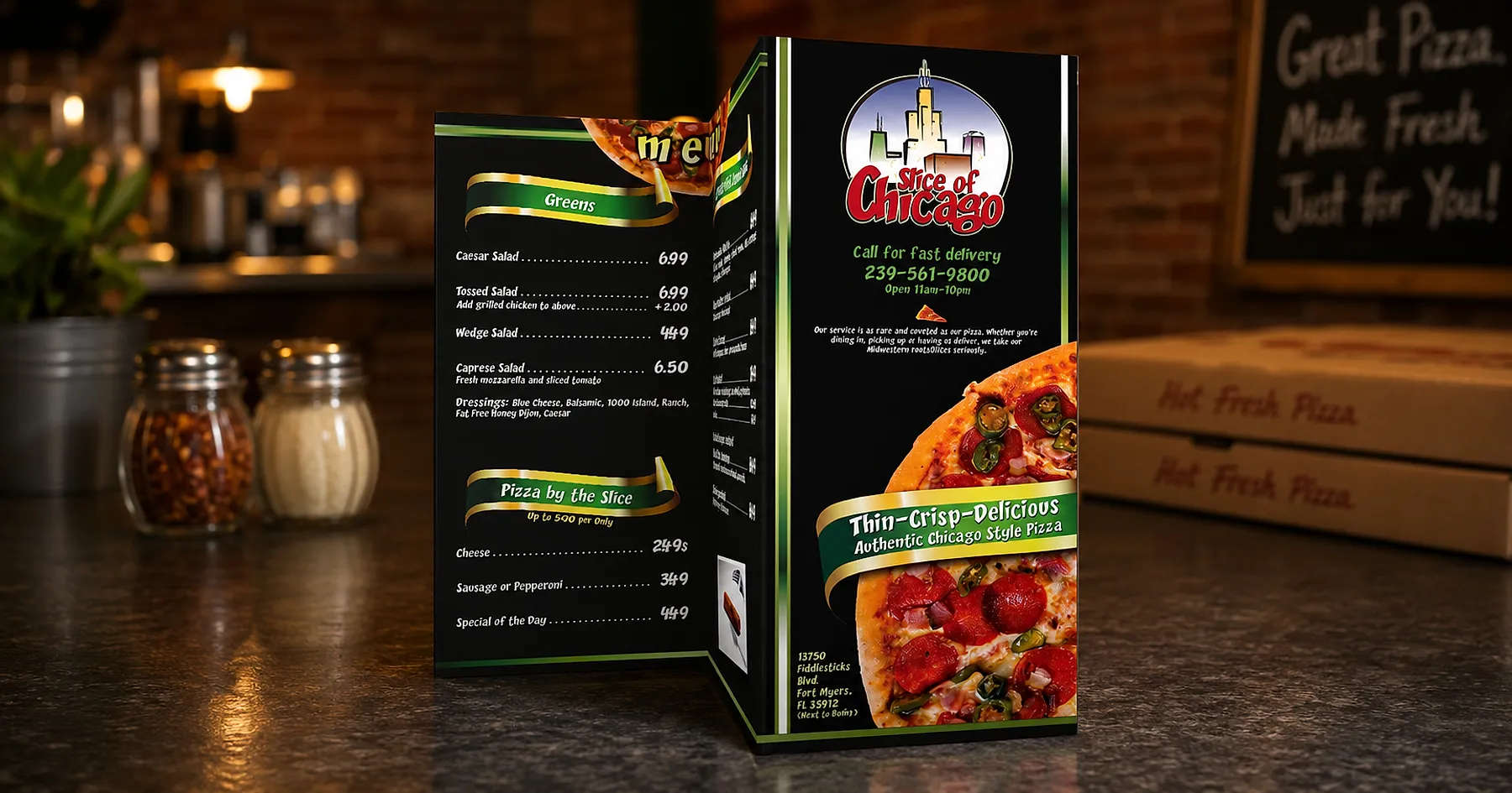 Slice of Chicago pizza takeaway menu — hospitality & food service, USA