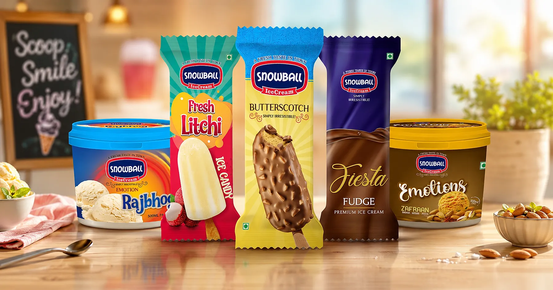Snowball ice cream range packaging — dairy, India