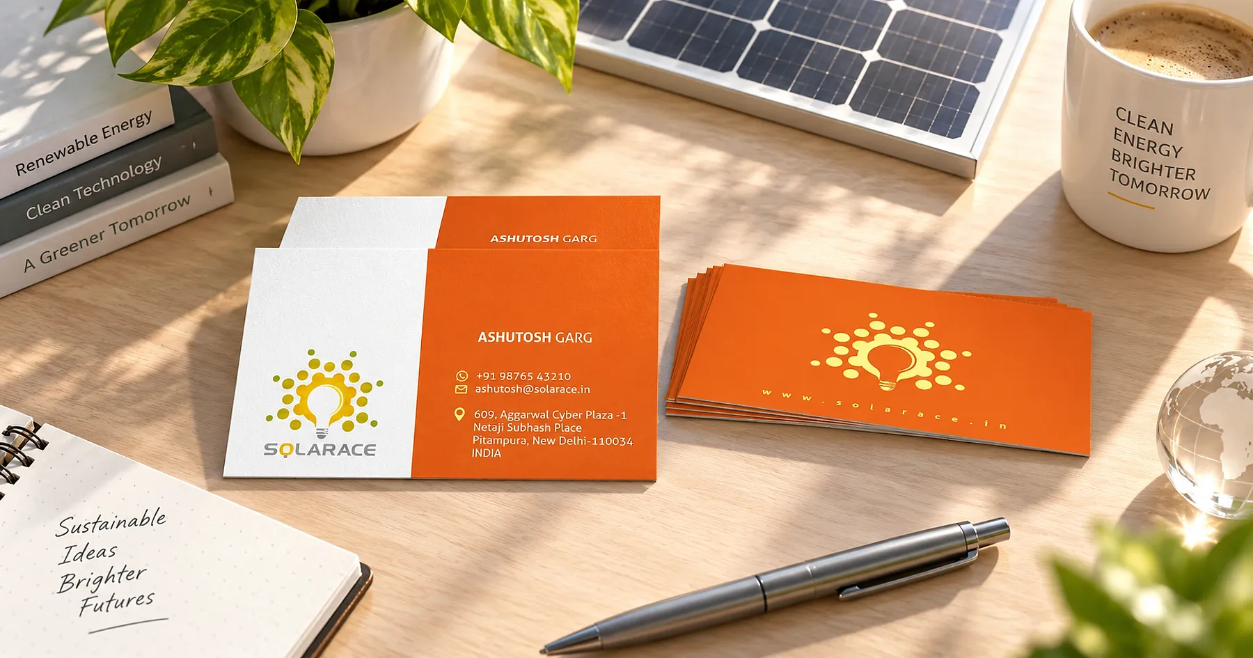 Solarace identity and business card design — renewable energy, India