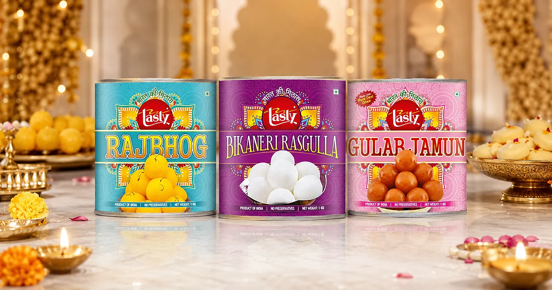 Tasty canned indian sweets label packaging — food, India