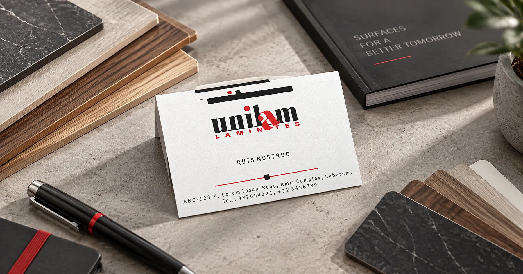 Unilam Laminates identity and business card design — building materials, India