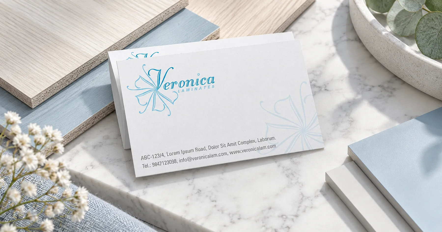 Veronica Laminates identity and business card design — building materials, India