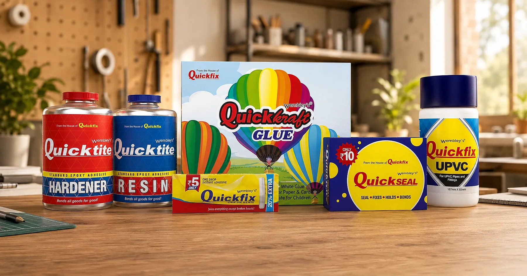 Wembley's QuickFix adhesive range packaging — building materials, India